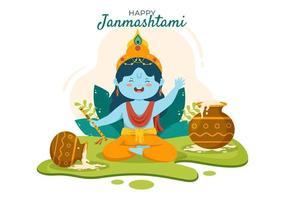 Happy Krishna Janmashtami festival of India with Bansuri and Flute, Dahi Handi and Peacock Feather in Flat Cute Cartoon Background Illustration