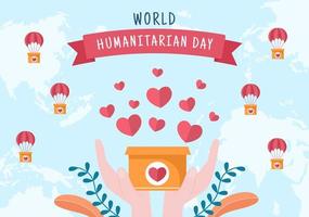 día humanitario mundial con celebración mundial de ayudar a las personas, trabajar juntos, caridad, donación y voluntariado en ilustración de dibujos animados planos vector