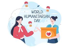 día humanitario mundial con celebración mundial de ayudar a las personas, trabajar juntos, caridad, donación y voluntariado en ilustración de dibujos animados planos vector