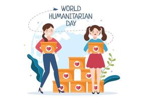 día humanitario mundial con celebración mundial de ayudar a las personas, trabajar juntos, caridad, donación y voluntariado en ilustración de dibujos animados planos vector