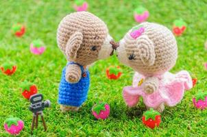 Lovely kiss baby bears crochet doll on grass with blurred strawberry background. photo