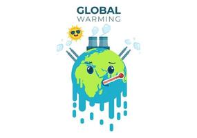 Global Warming Cartoon Style Illustration with Planet Earth in a Melting or Burning State and Image Sun to Prevent Damage to Nature and Climate Change vector
