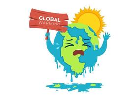 ilustración de estilo de dibujos animados de calentamiento global con el planeta tierra en un estado de fusión o quema y sol de imagen para evitar daños a la naturaleza y el cambio climático vector