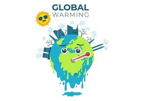 ilustración de estilo de dibujos animados de calentamiento global con el planeta tierra en un estado de fusión o quema y sol de imagen para evitar daños a la naturaleza y el cambio climático vector