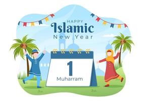 Islamic New Year Day or 1 Muharram Vector Background Illustration of Muslim Family Celebrating Can be use for Greeting Card or Invitation