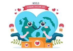 día humanitario mundial con celebración mundial de ayudar a las personas, trabajar juntos, caridad, donación y voluntariado en ilustración de dibujos animados planos vector