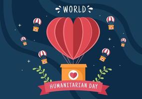 World Humanitarian Day with Global Celebration of Helping People, Work Together, Charity, Donation and Volunteer in Flat Cartoon Illustration