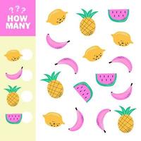 Counting game for preschool children. Banana, lemon, pineapple, watermelon vector