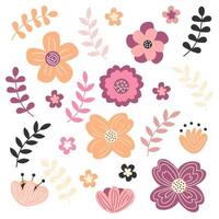 Spring flowers set with pastel color. Floral and leaves elements collection.