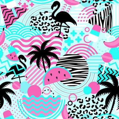 Seamless pattern with flamingos and palms. Exotic Hawaii background
