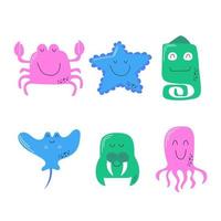 Cute vector sea animals icons on white for stickers for kids