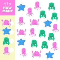 Counting game for preschool children. Cute sea animals. How many animals task vector