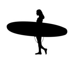 silueta de mujer surfeando, surfista sosteniendo la ilustración de la tabla. vector