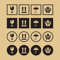 Set of black fragile icons on cardboard, square and round shape vector