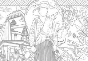 Black and white sketch of the Local Culture of West Java, Indonesia. Local Arts, Traditional Clothing, Historic Buildings, Motifs, and other interesting decorations. Vector Illustration