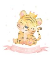 watercolor painting cute adorable sweet baby tiger girl sitting, welcome baby girl, cute wildlife animal nursery kid character illustration vector
