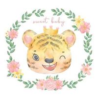 cute watercolor painting happy adorable baby tiger girl face head in floral frame, nursery cartoon hand drawn animal illustration vector