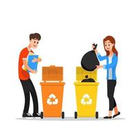 hombre y mujer tiran basura en contenedores de reciclaje vector