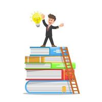 Businessman gets a bright light bulb after climbing a pile of books vector