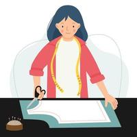 A cute woman is sewing. The girl makes a pattern on the fabric for a dress. Clothing patternmaker. Vector flat illustration.