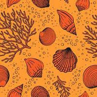 Seamless pattern with seashells, corals. Marine background. Vector illustration in sketch style.