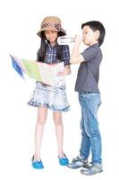 Young boy and girl travellers over white background photo