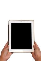 Isolated female hands holding old tablet in blank black screen to take or watch photo. Photo includes clipping paths at black screen and white background.