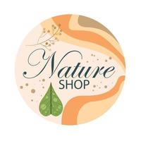 nature shop logo with green leaves and brown flower stalks on orange background vector