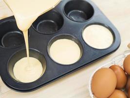 Soft focus of pouring liquid cake into a mold photo