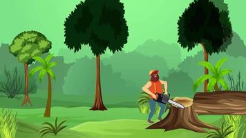 Lumberjack sawing tree trunk animation for the logging industry. Lumberjack with a chainsaw inside a jungle cutting trees 4k animation. Woodcutter inside a dense jungle with an electric chainsaw. video