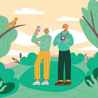 Birdwatching or ornithology flat vector illustration. Senior couple have eco-friendly hobby, outdoor activity, local tourism, Recreation leisure hiking, birding.