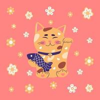 Maneki neko, japanese lucky cat, fortune symbol. Cute kitty character of oriental flat vector illustration.