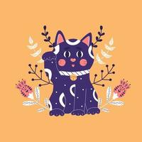 maneki neko, gato afortunado japonés, símbolo de la fortuna. lindo personaje de gatito de la ilustración de vector plano oriental.