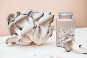 mushroom supplement capsules and fresh mushrooms photo