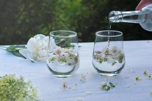 cóctel de gin tonic con cubitos de hielo de flores. foto