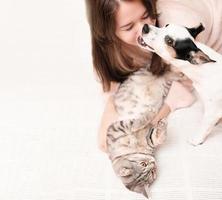 young woman playing with a cat and a dog on a bed, jack russell terrier bites owner by the nose. copy space. lovely pets concept. photo