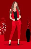 ilustración vectorial de una joven empresaria rubia que lleva una chaqueta roja sin mangas y un atuendo informal en un fondo mínimo. ilustración de retrato femenino plano. vector