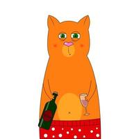 Red tired cat with a glass and a bottle of wine in his hands. Cute cartoon character. Print for a T-shirt. Vector illustration isolated on white background