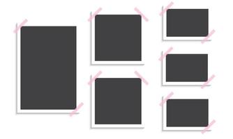 Set of photo frames with pink sticky tape. Realistic vector design on transparent background