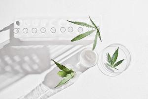 cannabis face cream and hemp leaves in laboratory . petri dishes and glassware on lab table. dermatology concept, alternative treatment. top view. photo