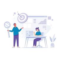 seo hombre con lupa y mujer en el concepto de escritorio ilustración plana vector