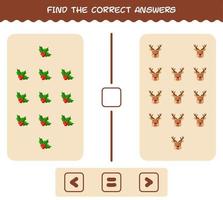 Find the correct answers of cartoon christmas. Searching and Counting game. Educational game for pre shool years kids and toddlers vector