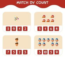 Match by count of cartoon christmas. . Match and count game. Educational game for pre shool years kids and toddlers vector