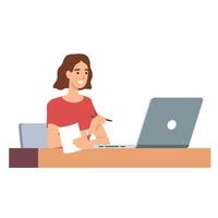 Work at home concept design. Freelance woman working on laptop at her house, dressed in home clothes. Vector illustration isolated on white background. Online study, education.
