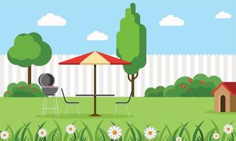 backyard flat illustration with a barbeque set table vector