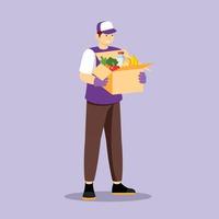 Safe food delivery. Young courier delivering grocery order to the home of customer with mask and gloves during the coronavirus pandemic. Vector cartoon flat illustration isolated on white background.