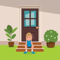 niño sentado frente a la casa con aspecto aburrido. ilustración de un niño aburrido con la barbilla apoyada en las manos vector