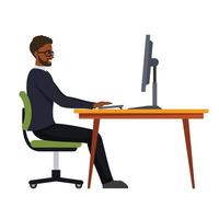 The correct position posture when working at the computer. A man sits at a table with a monitor. Spinal curvature. Good posture. Healthy back. Isolated vector illustration