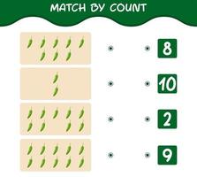 Match by count of cartoon green chilli. Match and count game. Educational game for pre shool years kids and toddlers vector