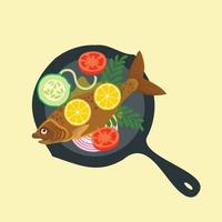 Fish on the grill. Appetizing trout with lemon on the grill. Vector illustration, emblem. Isolated on white background.